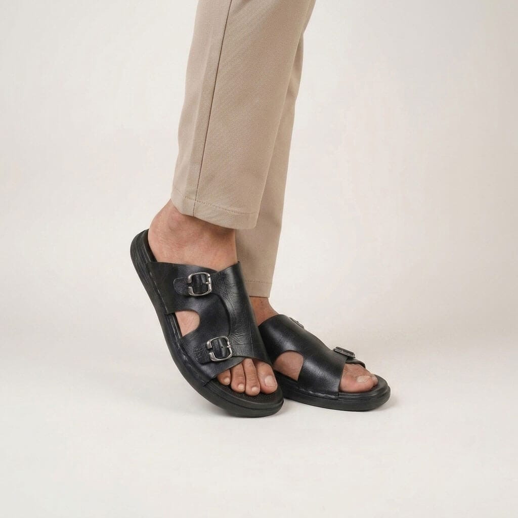 Crocodile Pattern Double Buckle Comfort Leather Sandal Black EV-S66