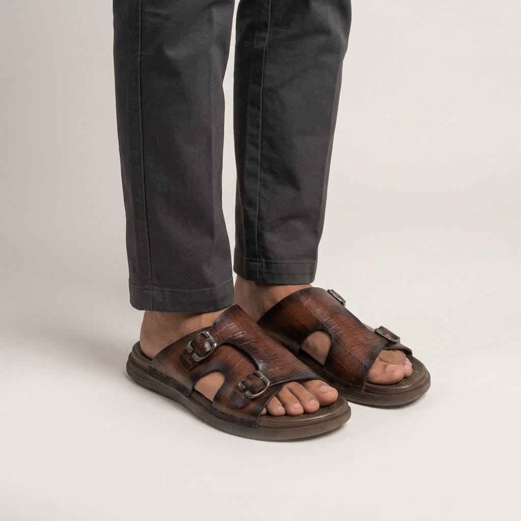 Crocodile Pattern Double Buckle Comfort Leather Sandal Antique Brown EV-S67